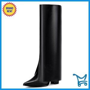 Knee High Shark Boots Fold Over Chunky Heel Pointed Toe Zip Up Booties